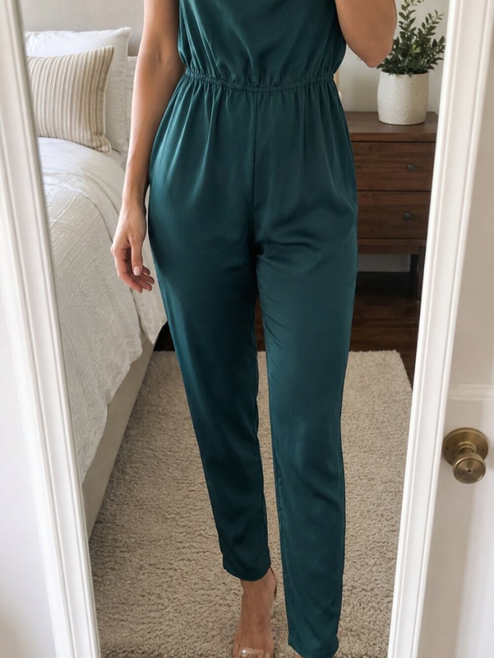 Womens wedding celebration emerald green satin jumpsuit from Tobi size S